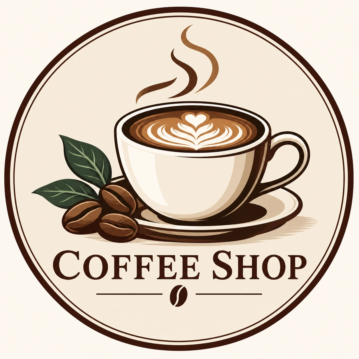 Circular Coffee Shop logo with a latte cup, coffee beans and leaves