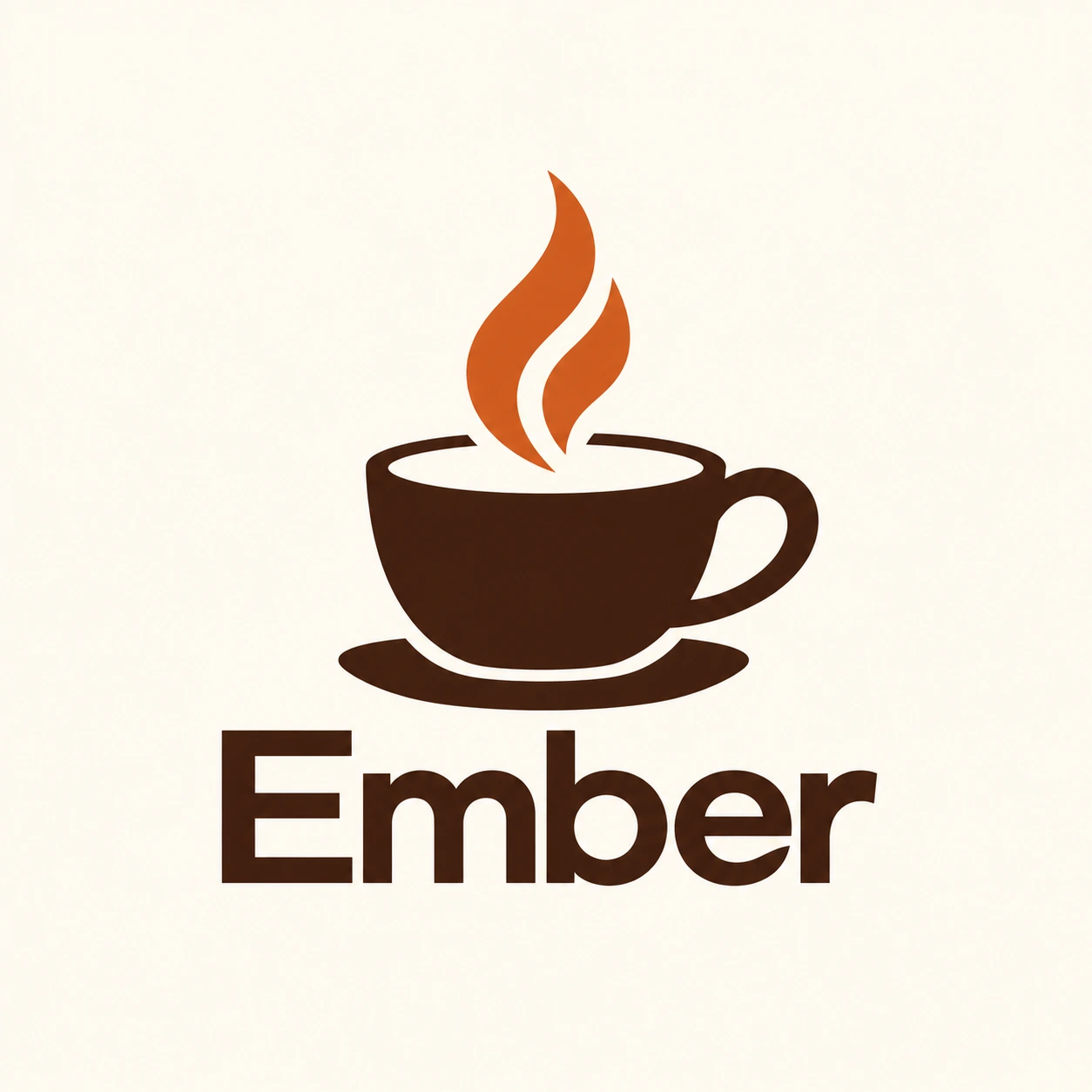 Ember coffee shop logo with a dark brown cup and orange flame-shaped steam
