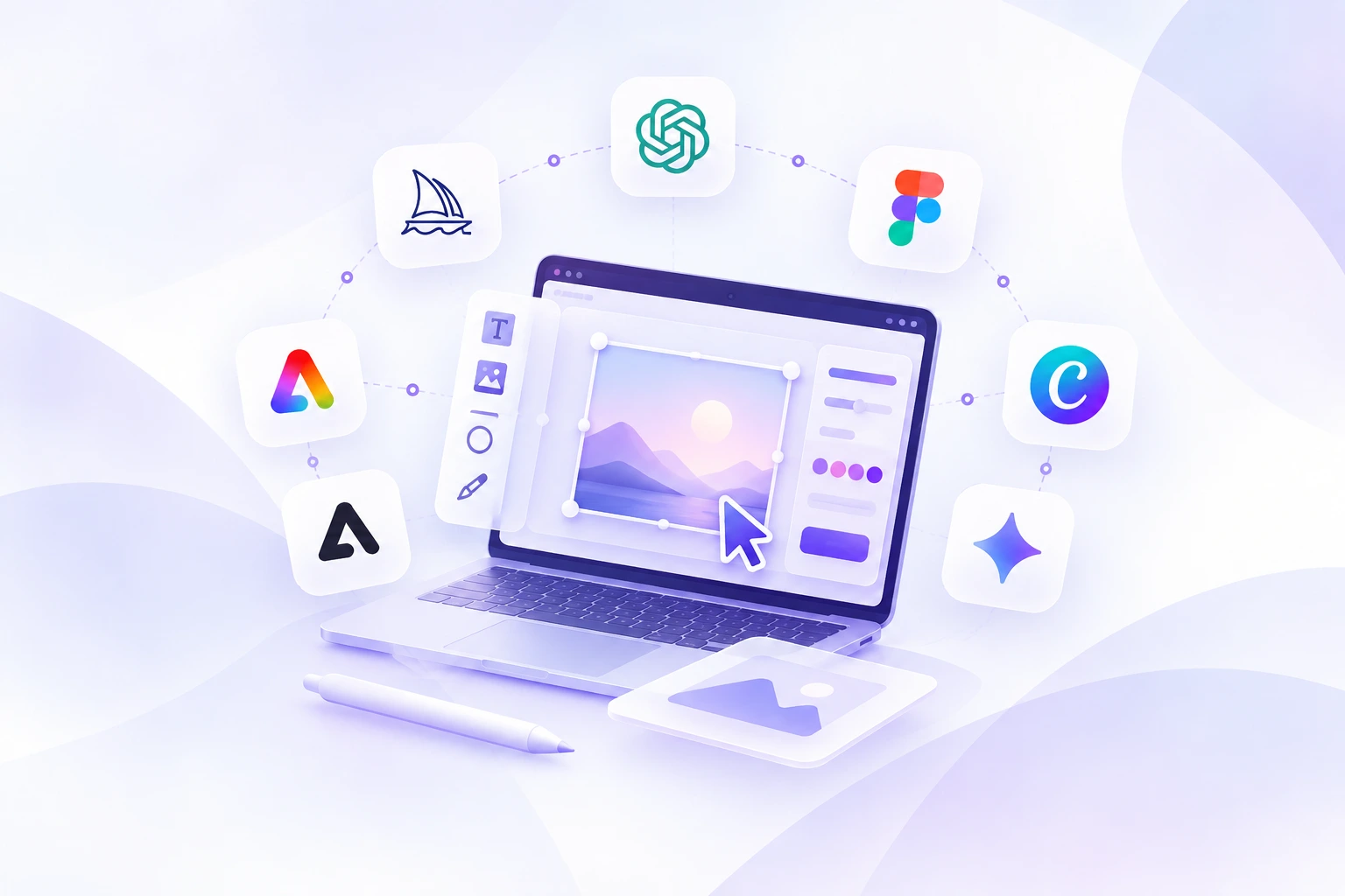 AI design workspace on a laptop surrounded by image-generation and design-tool icons